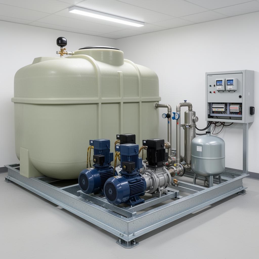 Break tank and booster set package with WRAS Category 5 air gap break tank, twin variable-speed booster pumps, pressure vessel and control panel on a common skid