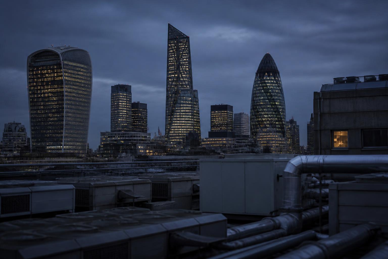 City of London skyline at blue hour with rooftop AHU plant — BMS installation coverage