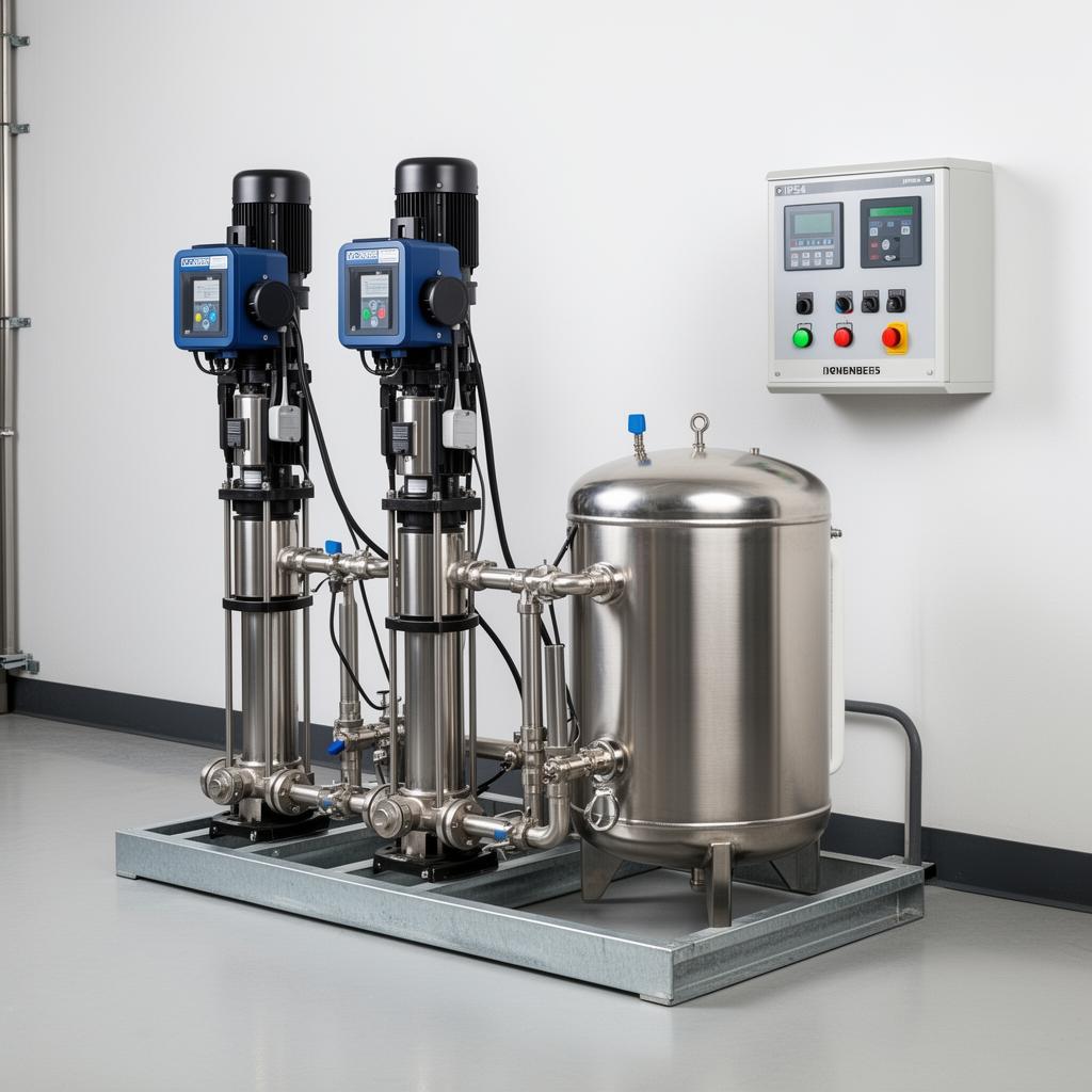 Packaged booster pump set with twin variable-speed vertical multistage pumps, pressure vessel, manifolds and pre-wired control panel on a galvanised skid