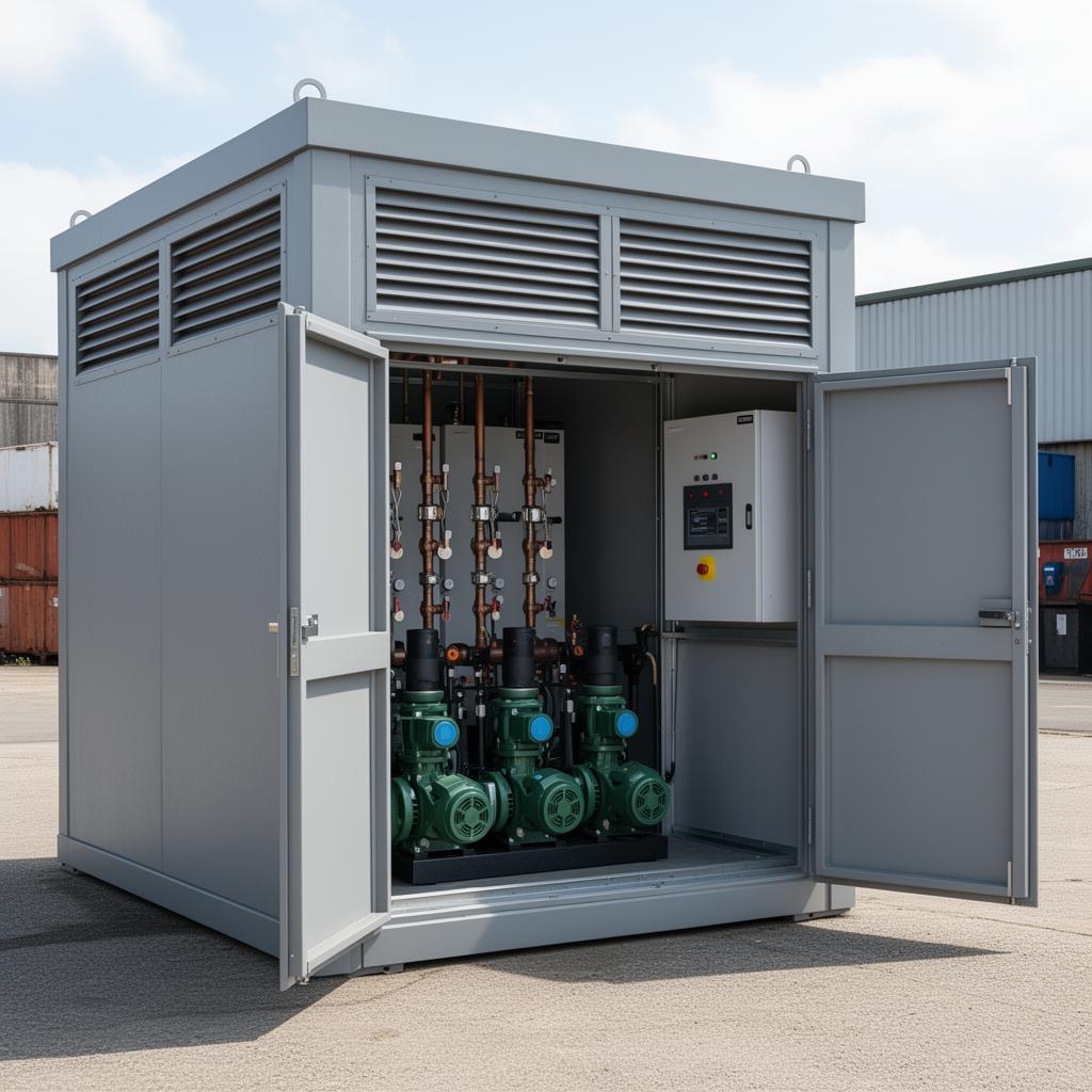 External packaged plant room and boiler house with GRP weatherproof enclosure, doors open showing internal cascade commercial boilers, low loss header, pumps and control panel