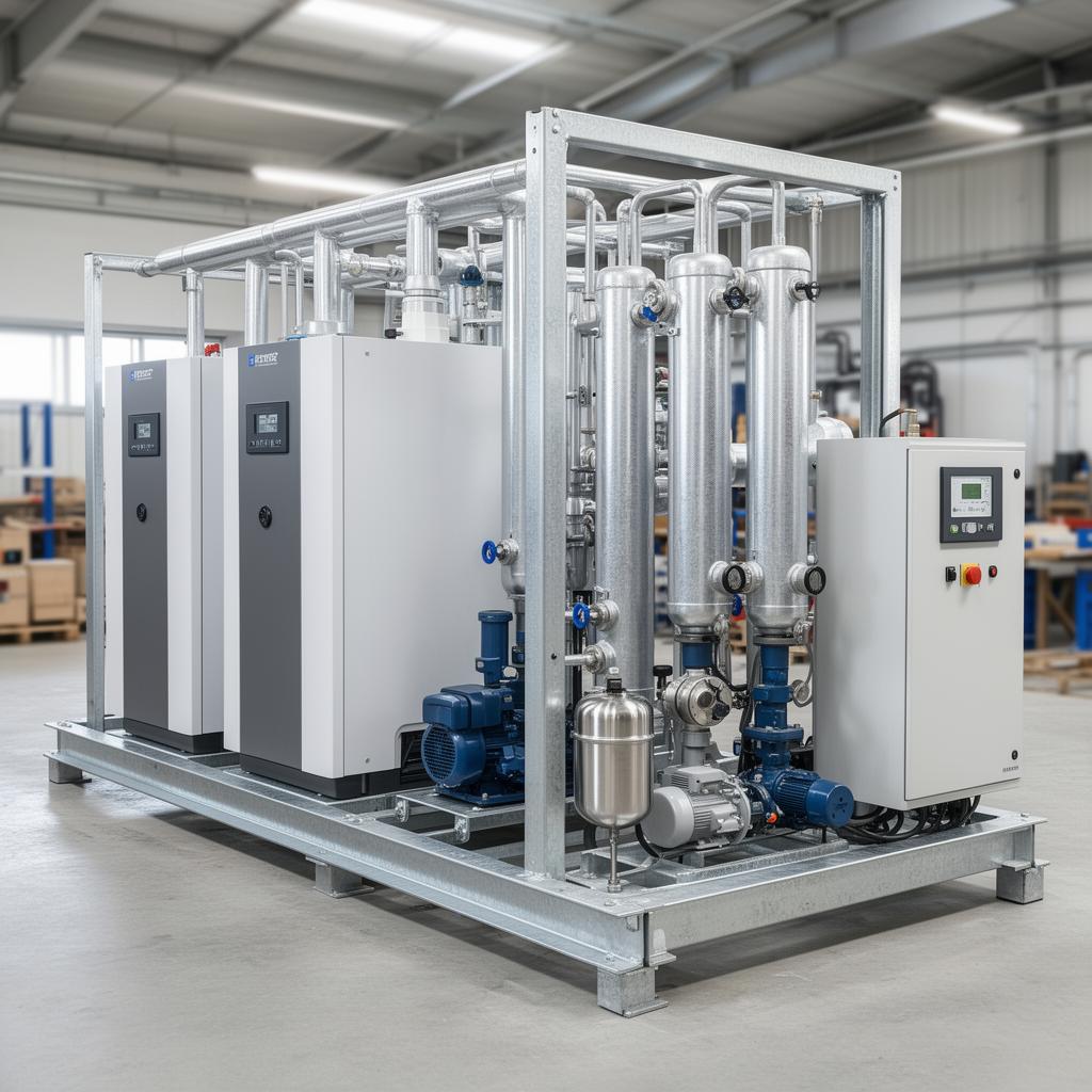 Skid mounted plant room on a steel frame with commercial boiler, low loss header, twin pumps, expansion vessel and pre-wired control panel ready for installation